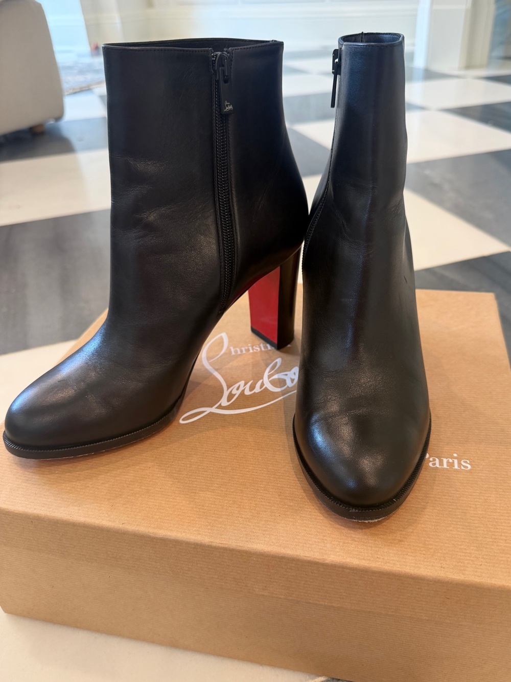 Christian Louboutin Black Leather Ankle Boots with Red Heel